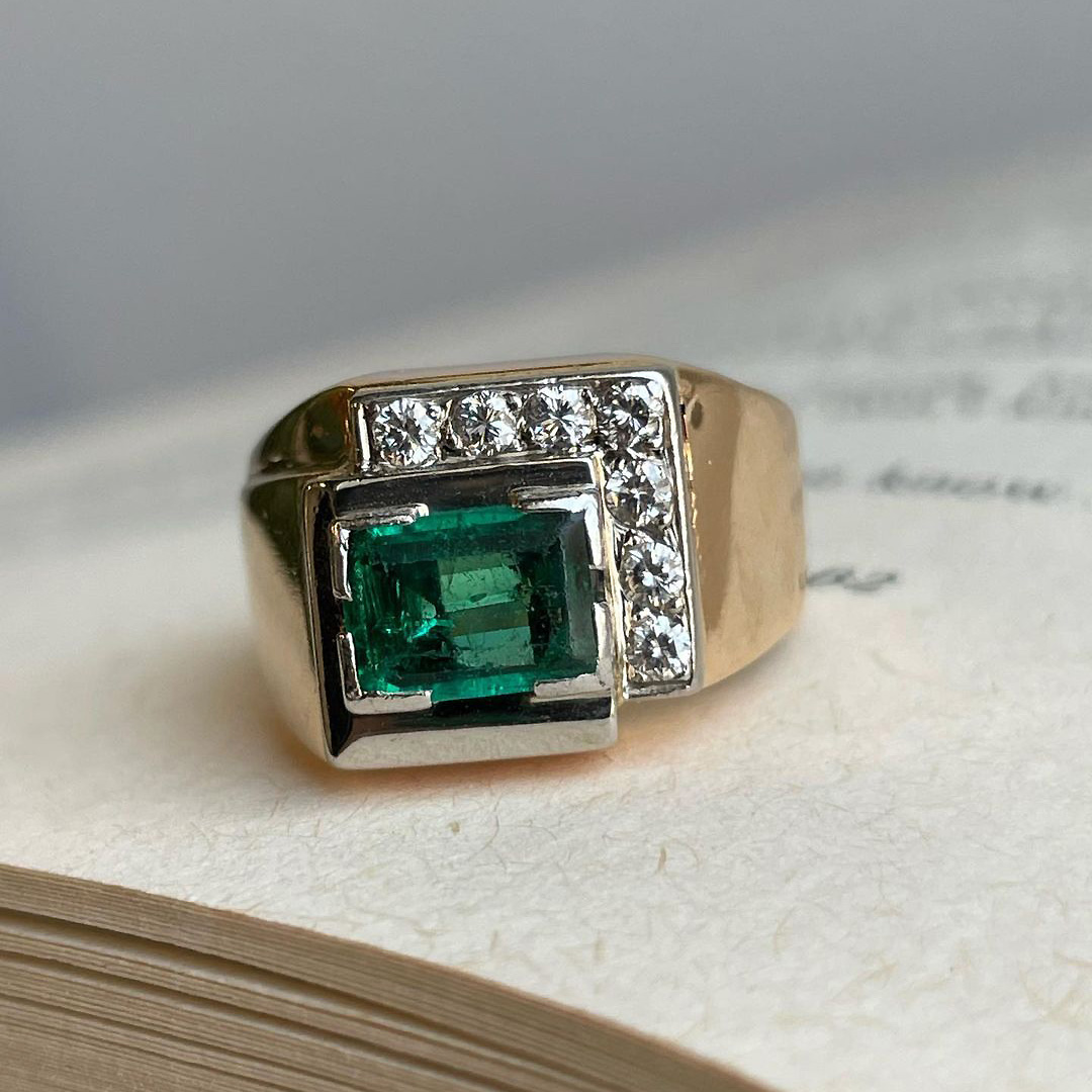 4ct Art Deco Emerald Cut Emerald Sapphire Men's Engagement Ring