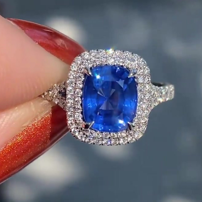 5ct Split Shank Double Halo Cushion Cut Blue Sapphire Ring