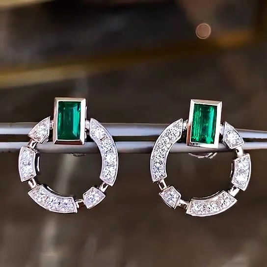 Baguette Cut Emerald Sapphire Hoop Earrings