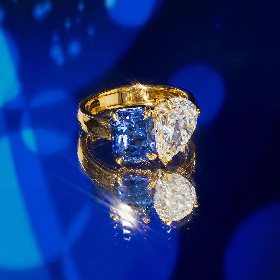 4ct Radiant&Pear Cut Blue Sapphire Engagement Ring