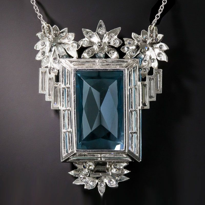 Art Deco Radiant Cut Aquamarine Sapphire Pendant Necklace