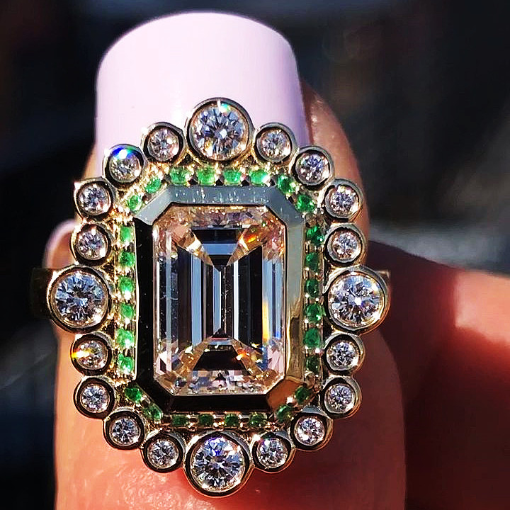 3.2ct Emerald Cut White&Green Sapphire Engagement Ring