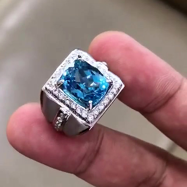 5ct Cushion Cut Aquamarine Sapphire Men's Engagement Ring