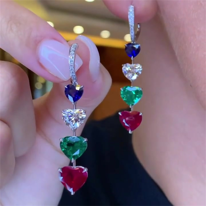 Heart Cut Red&Green&White Sapphire Drop Earrings