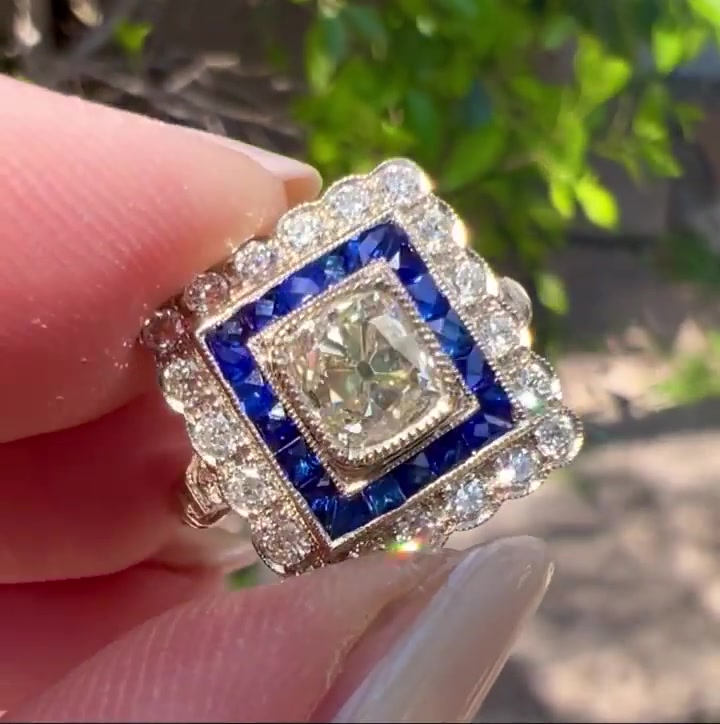 5ct Art Deco Sapphire Halo Cushion Cut White Sapphire Ring