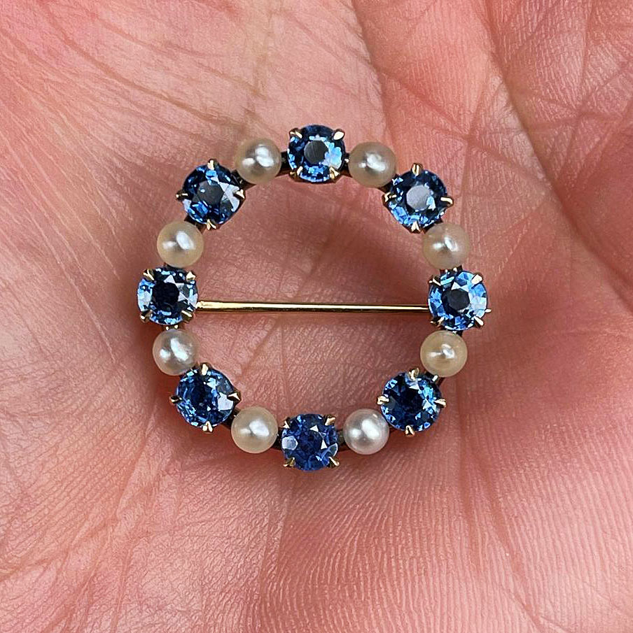 Round Cut Aquamarine Sapphire Brooch with Pearls