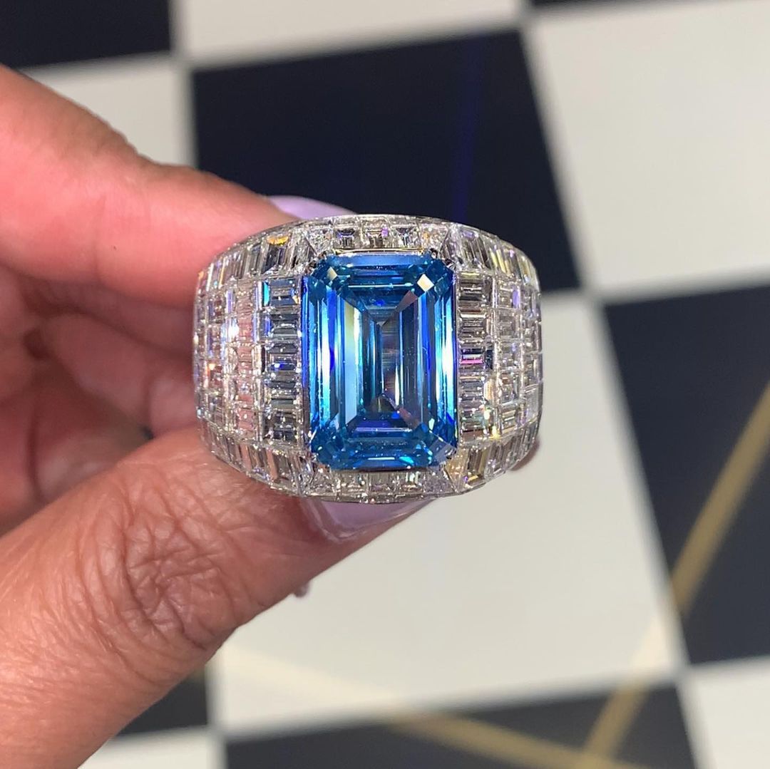 10ct Invisible Set Emerald Cut Blue Sapphire Men's Ring