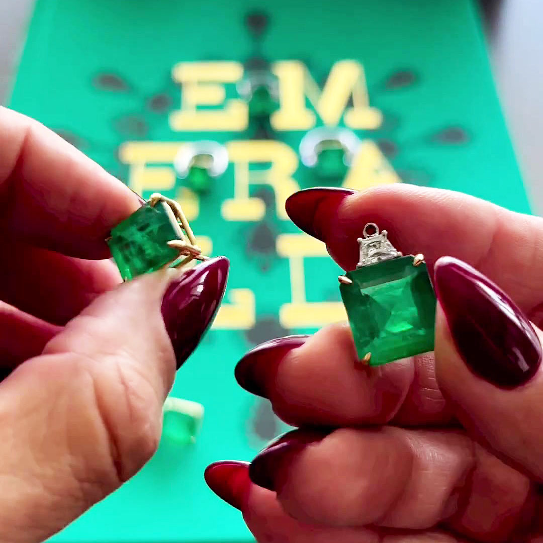 Princess Cut Emerald Sapphire Drop Earrings