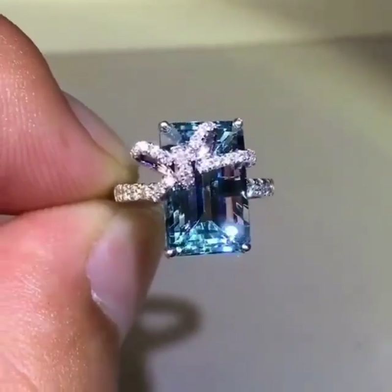 5ct Bow Design Emerald Cut Aquamarine Engagement Ring