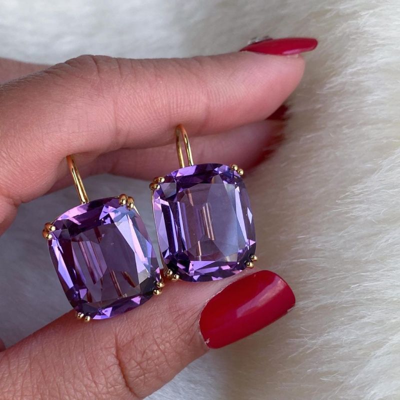 6ct Gold Double Claw Cushion Cut Purple Drop Earrings