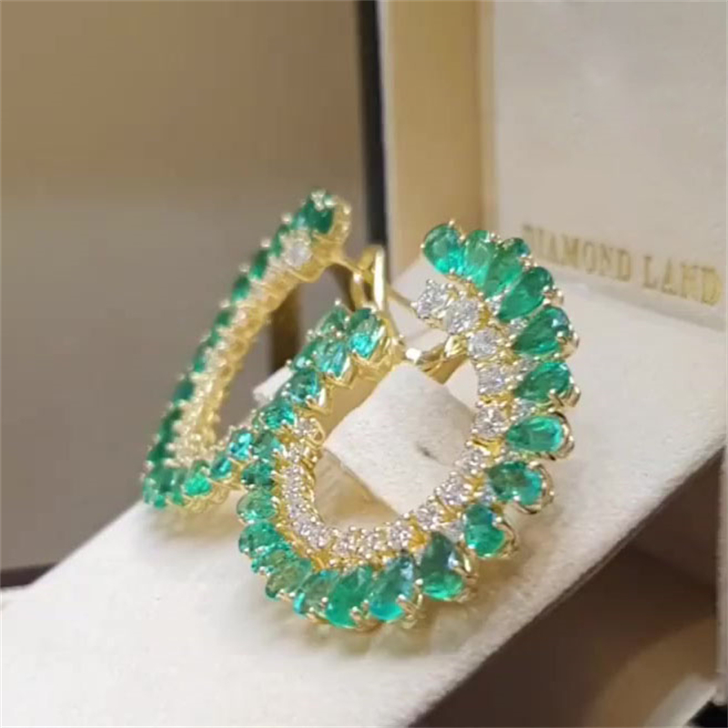 Two Row Two Tone Pear&Round Cut Green&White Sapphire Hoop Earrings