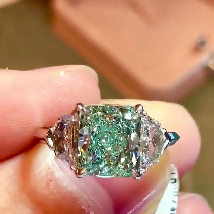 4ct Three Stone Radiant Cut Green Sapphire Engagement Ring