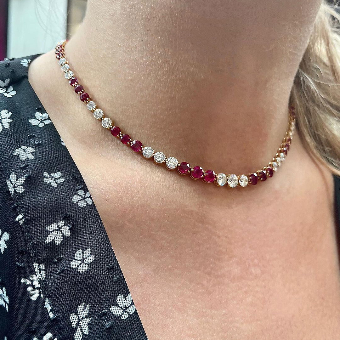 Round Cut Ruby Sapphire Tennis Necklace