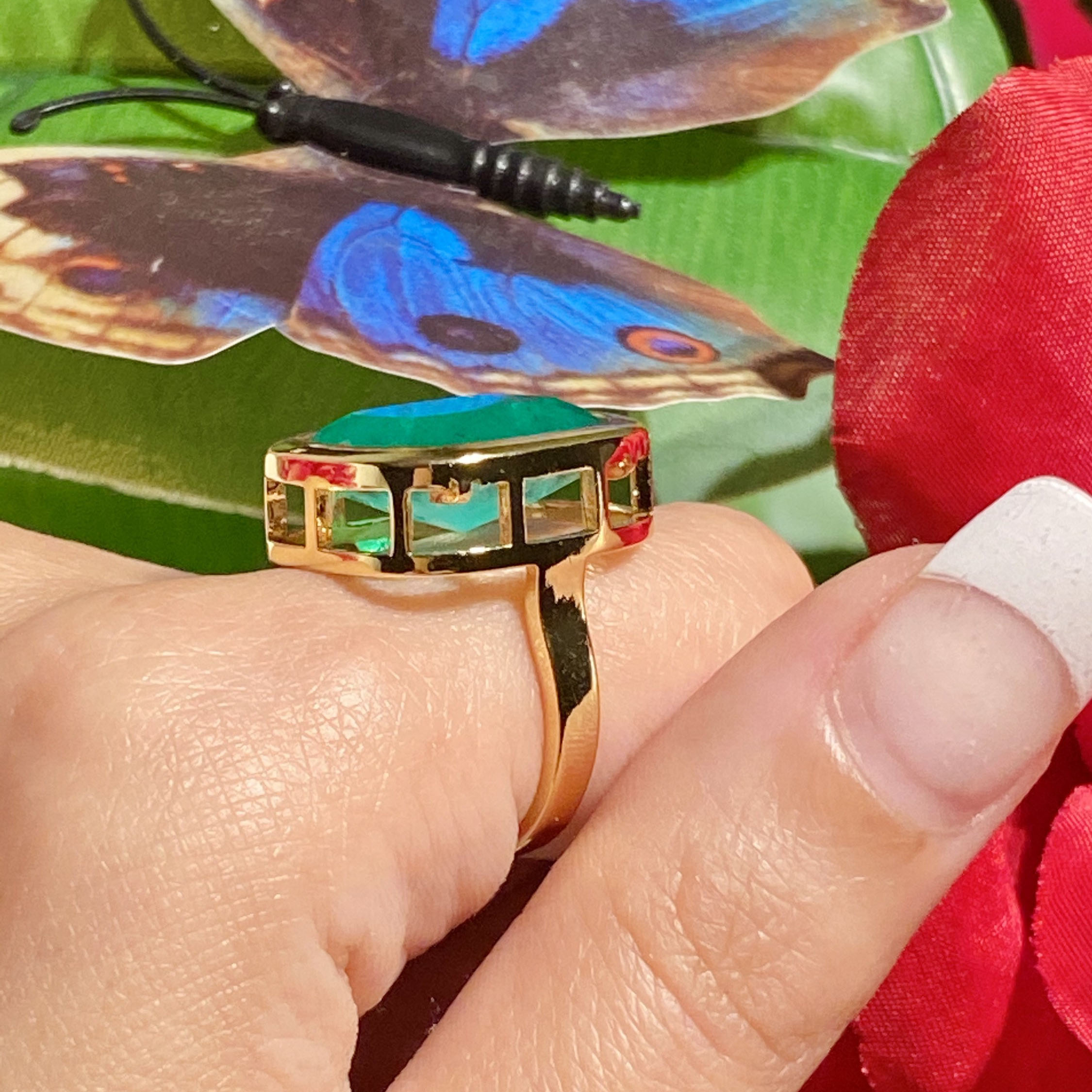 8ct Colombian Cushion Cut Emerald Sapphire Engagement Ring