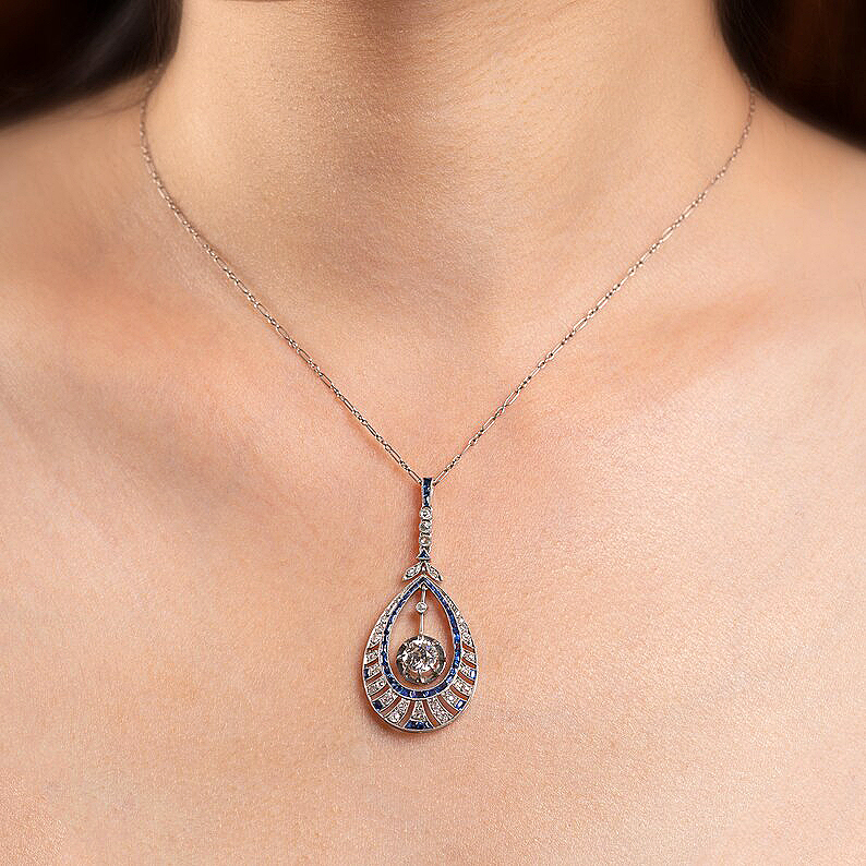 Art Deco Round Cut Blue Sapphire Necklace