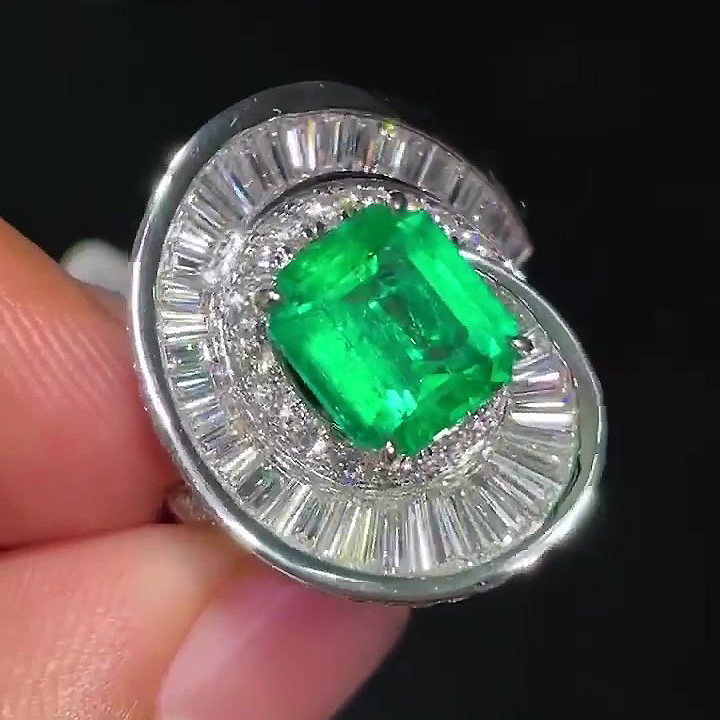 4ct Unique Emerald Cut Emerald Sapphire Engagement Ring