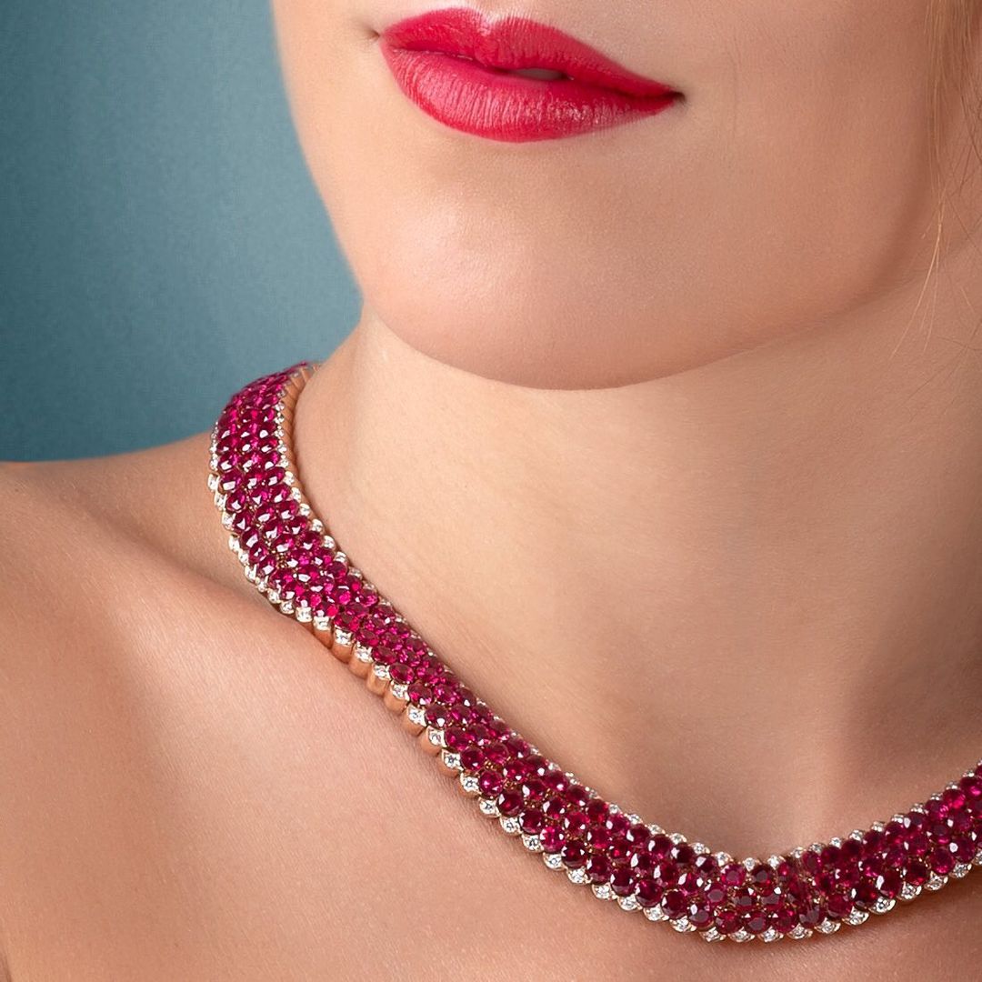 3-row Prong Setting Round Cut Ruby Sapphire Choker Necklace