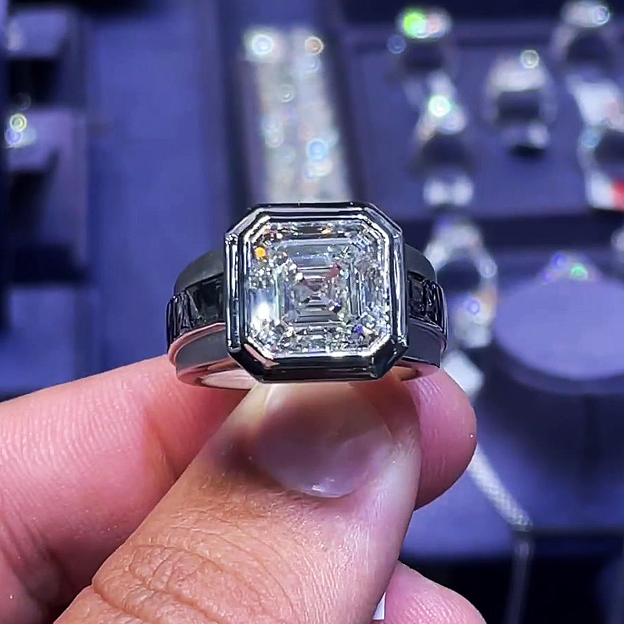 6ct Bezel Setting Asscher Cut White Sapphire Men's Engagement Ring