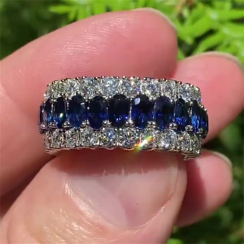 8.15ct Three Row Two Tone Oval&Round Cut Blue Sapphire Wedding Band