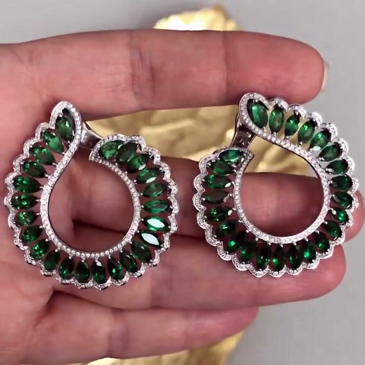 Pear Cut Emerald&White Sapphire Hoop Earrings