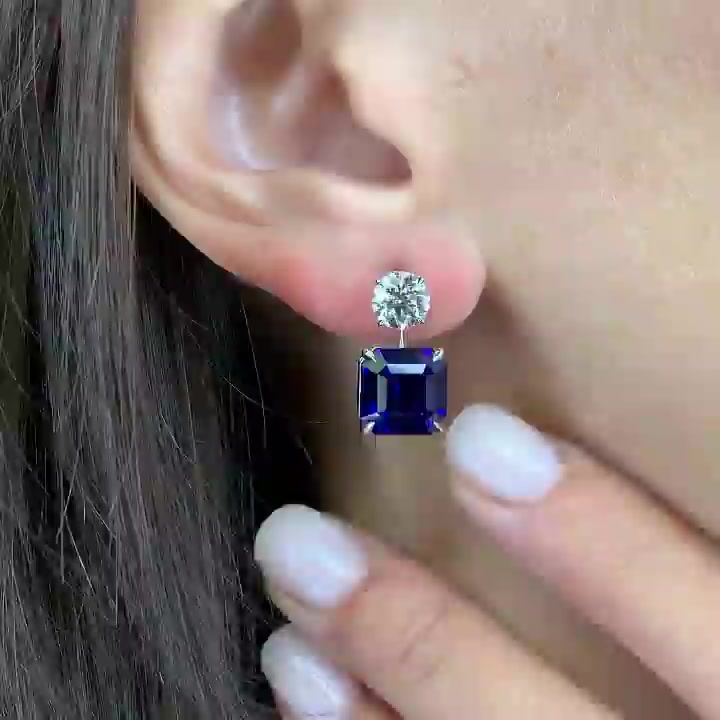 Emerald Cut Blue Sapphire Drop Earrings