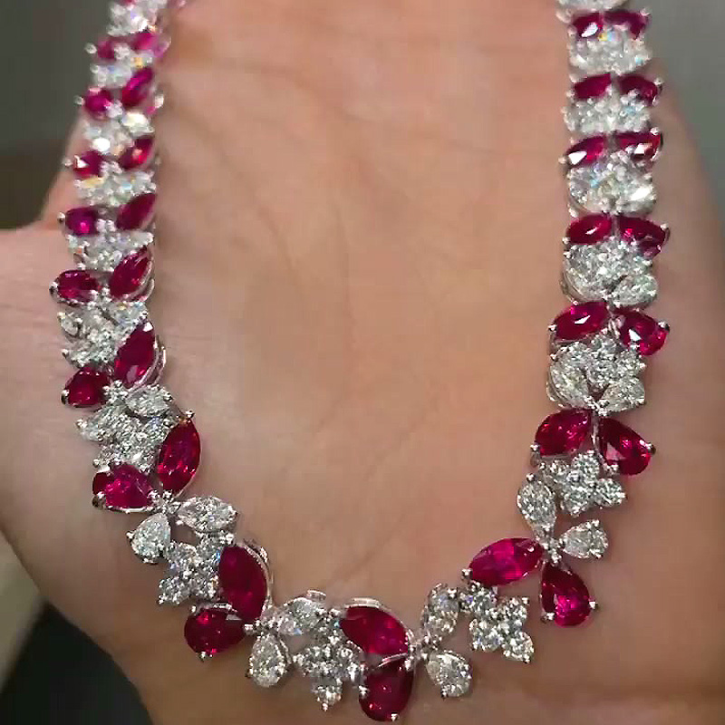 Flower Design Pear&Marquise Cut Ruby Sapphire Necklace