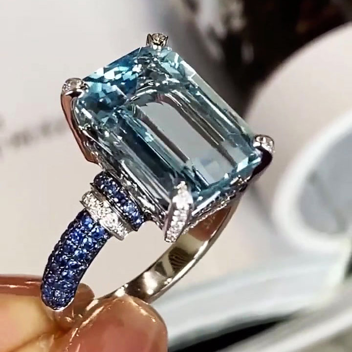 7ct Emerald Cut Aquamarine Sapphire Engagement Ring