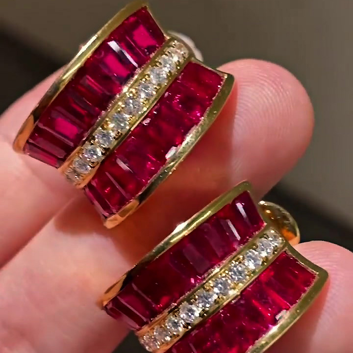 Art Deco Baguette Cut Ruby Sapphire Hoop Earrings
