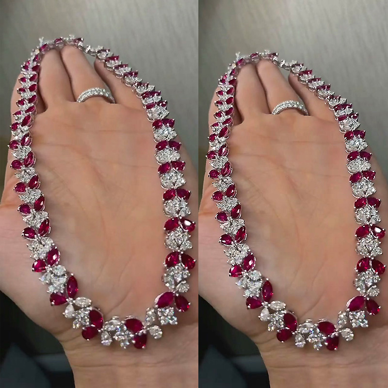 Flower Design Pear&Marquise Cut Ruby Sapphire Necklace