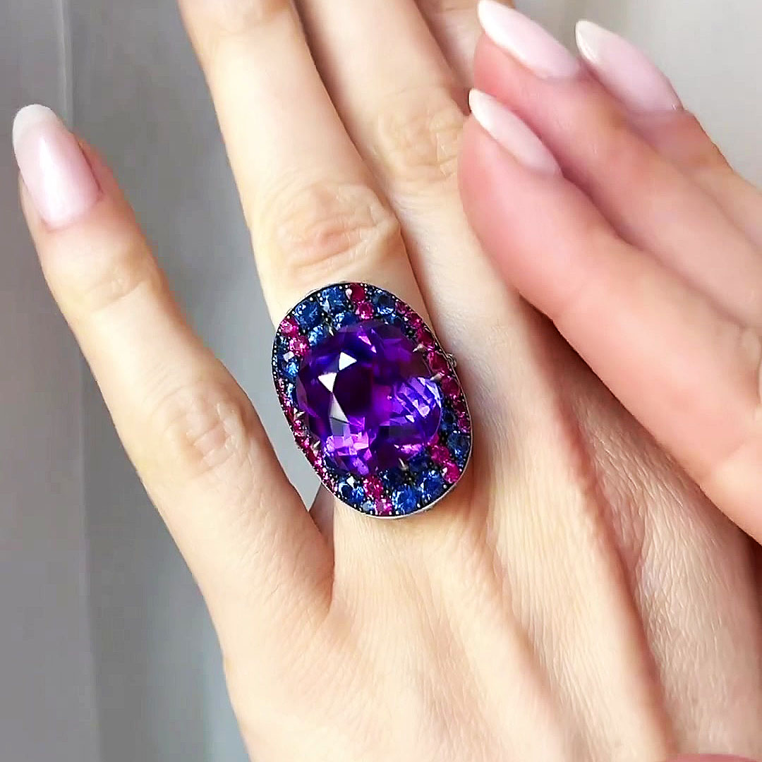 7ct Cushion Cut Amethyst Sapphire Cocktail Ring