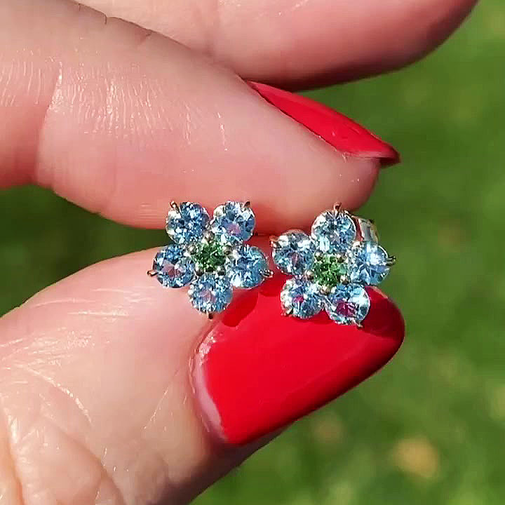 Flower Design Round Cut Aquamarine Sapphire Stud Earrings