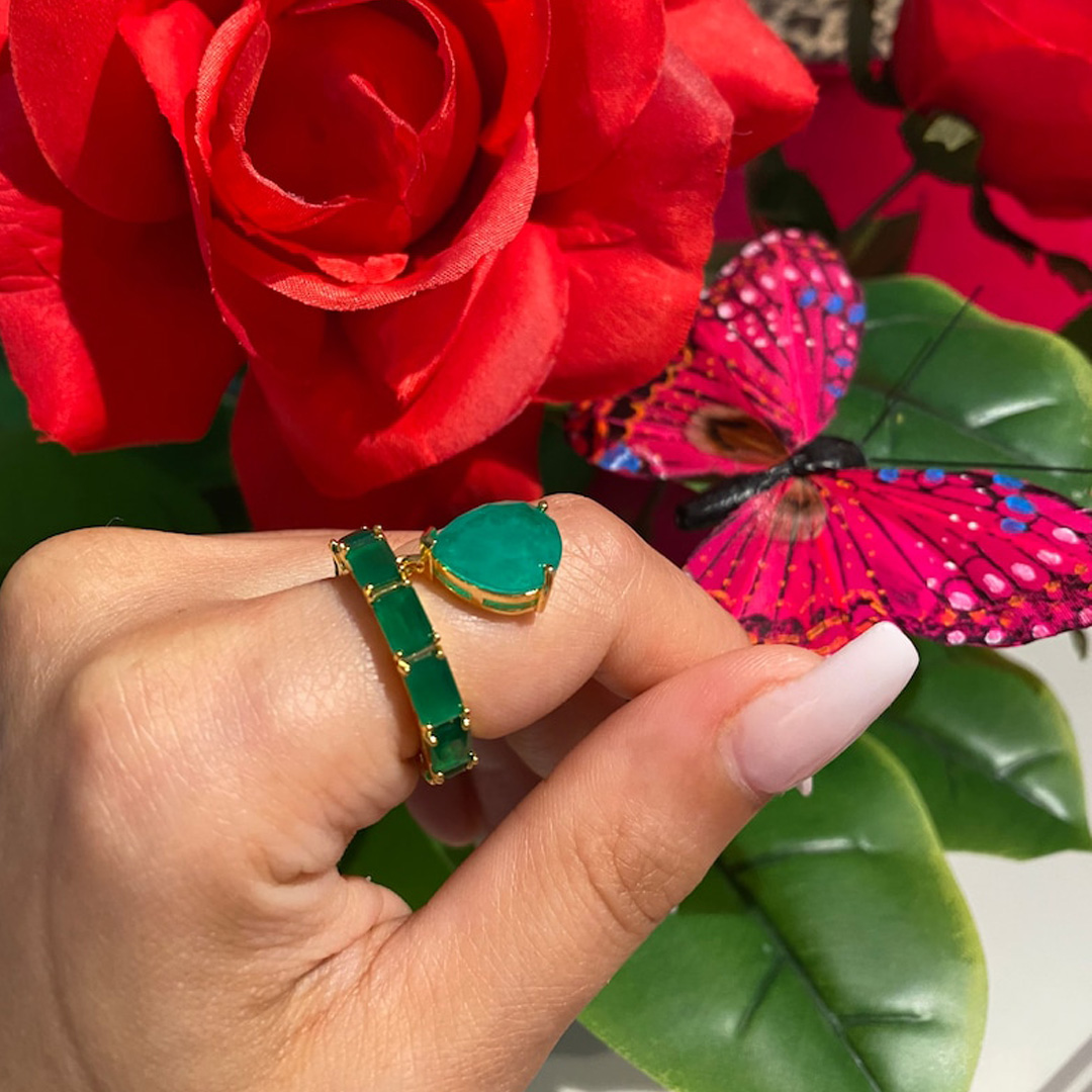 4.75ct Emerald Cut Green Sapphire Eternity Ring With Dangle Drop