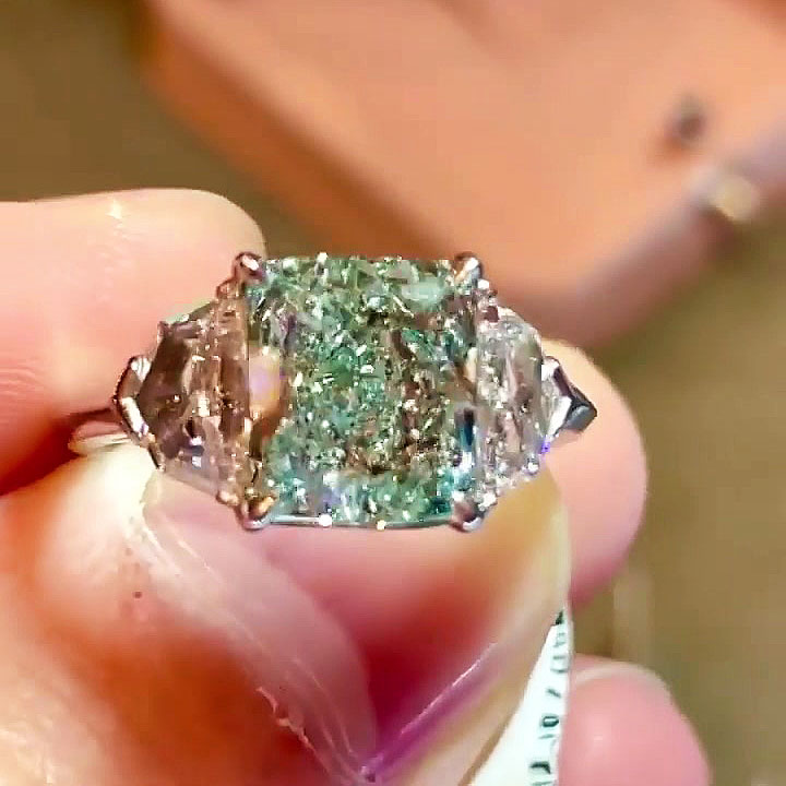 4ct Three Stone Radiant Cut Green Sapphire Engagement Ring