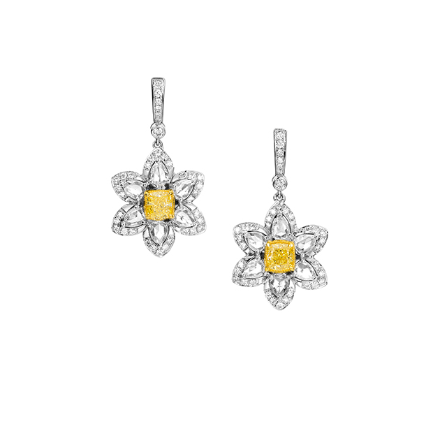 Flower Design Radiant&Pear Cut Yellow Sapphire Drop Earrings
