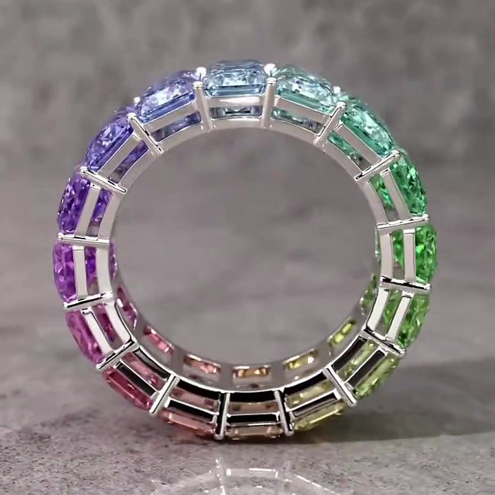 6.25ct Emerald Cut Rainbow Sapphire Eternity Ring