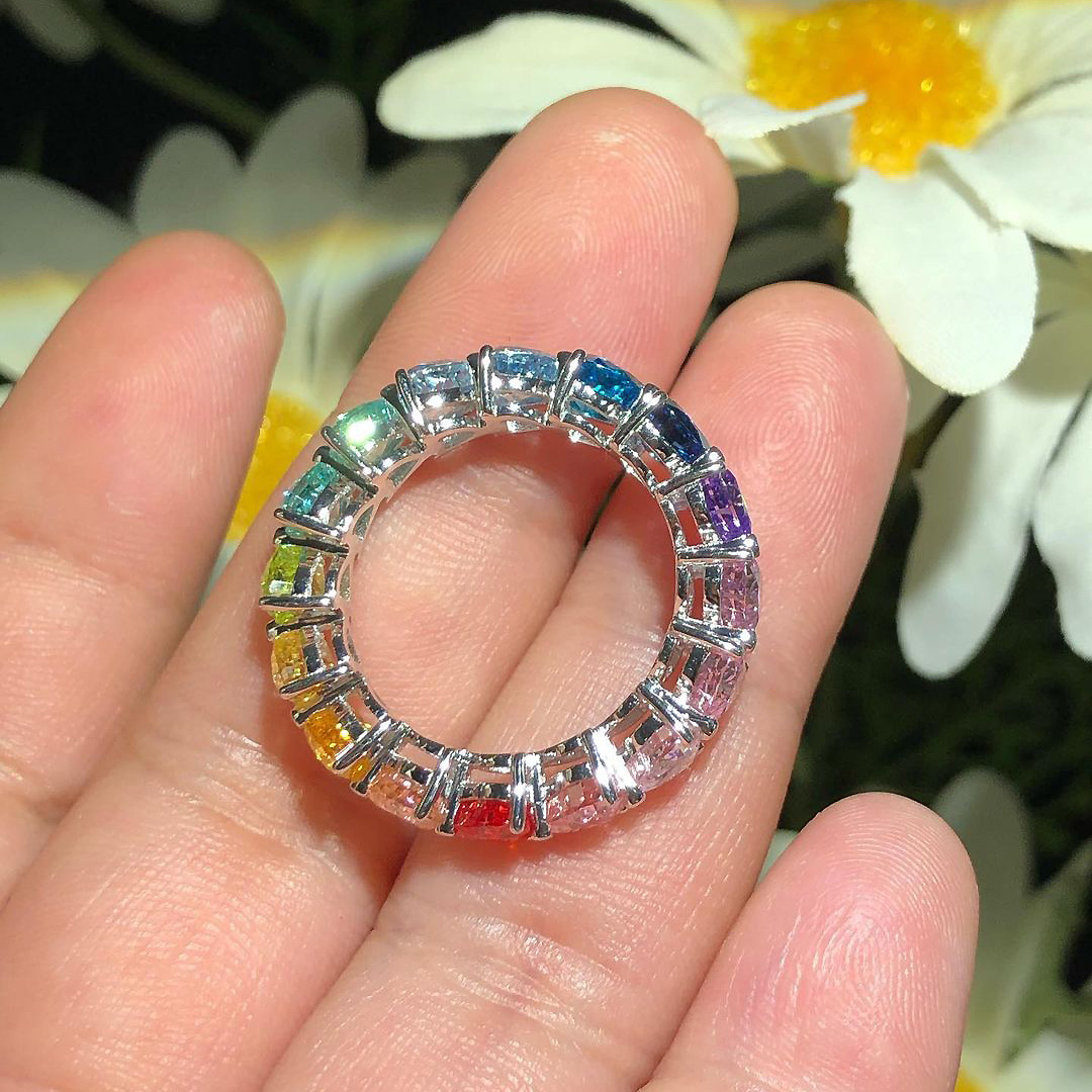 4.8ct Heart Cut Rainbow Sapphire Eternity Ring
