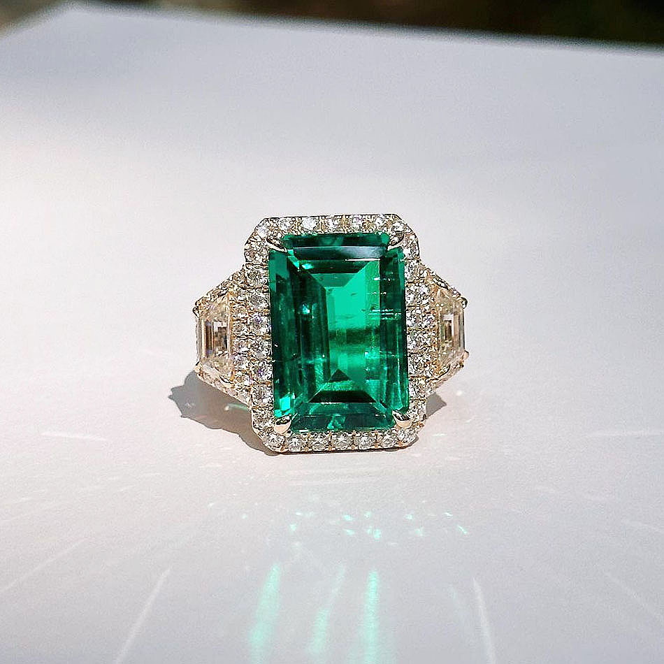 4ct Three-Stone Emerald Cut Emerald Sapphire Engagement Ring