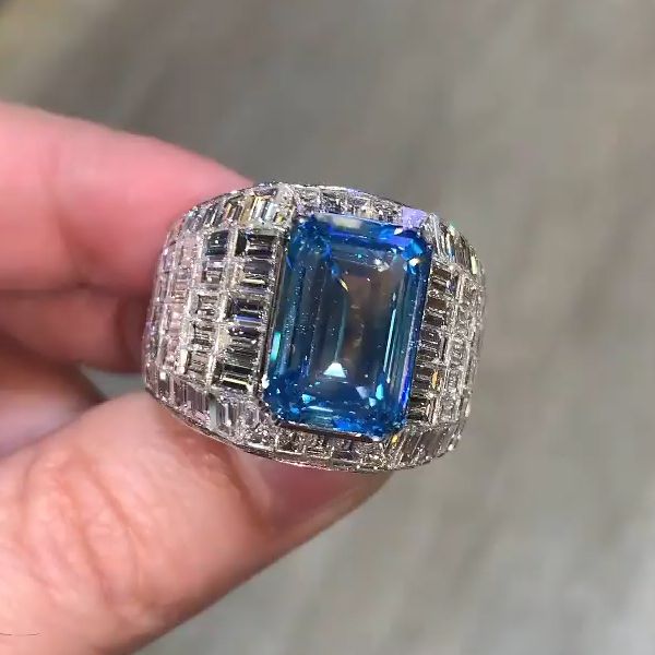 10ct Invisible Set Emerald Cut Blue Sapphire Men's Ring