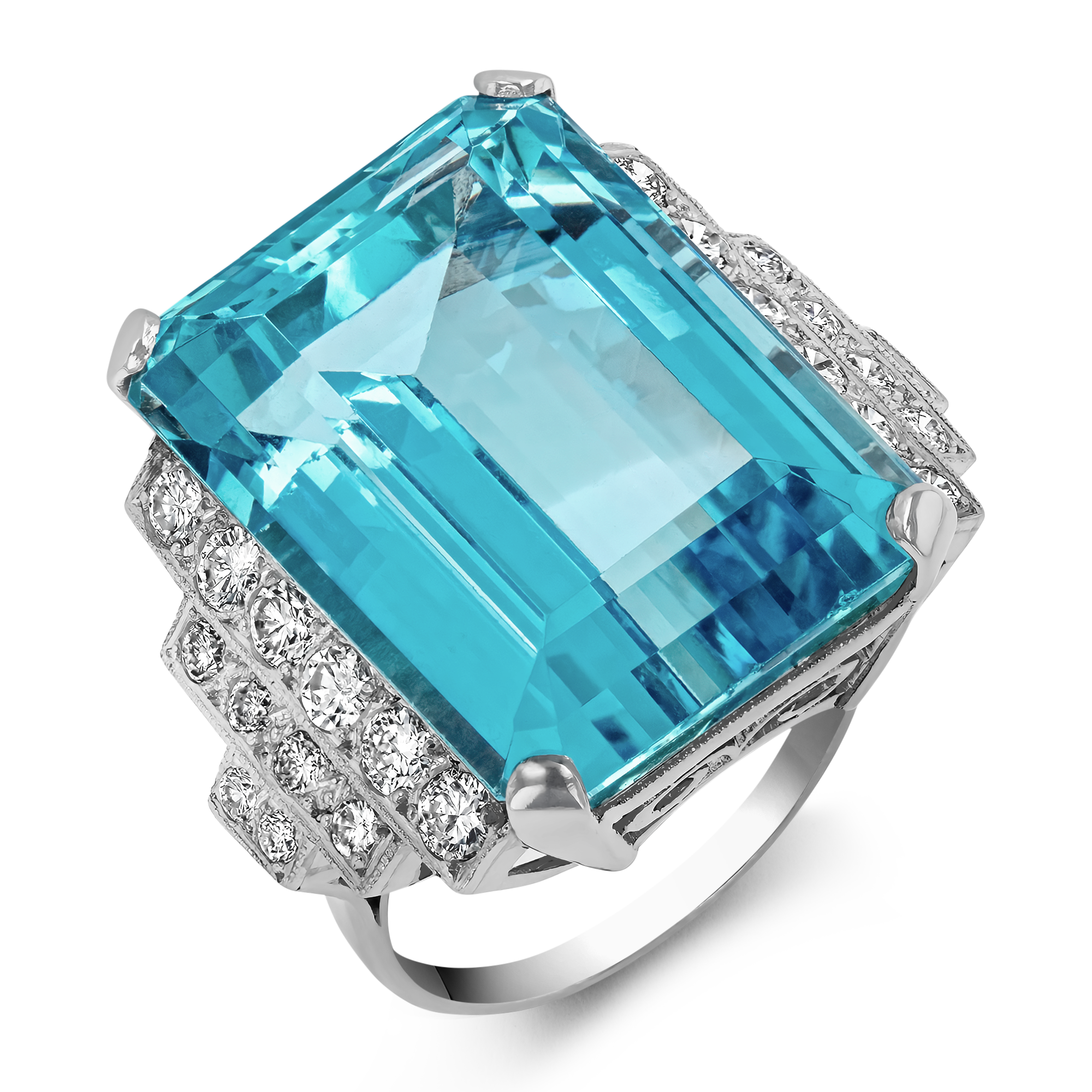 30ct Emerald Cut Antique Aquamarine Sapphire Cocktail Ring