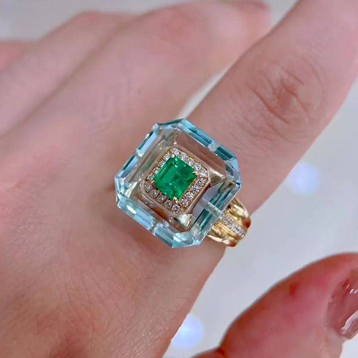 2ct Unique Emerald Cut Emerald Sapphire Engagement Ring