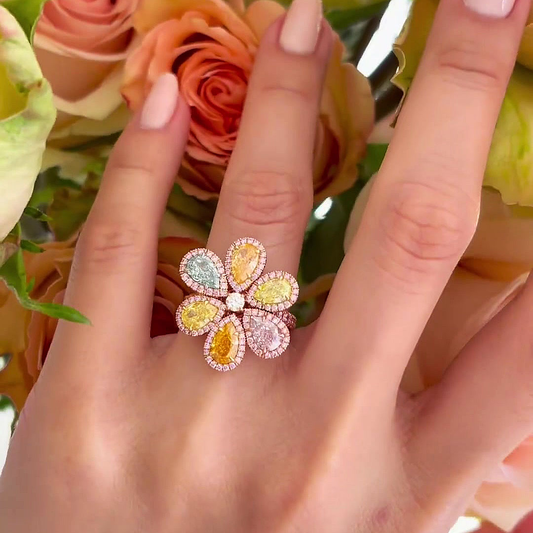 6ct Flower Design Pear Cut Rainbow Sapphire Engagement Ring