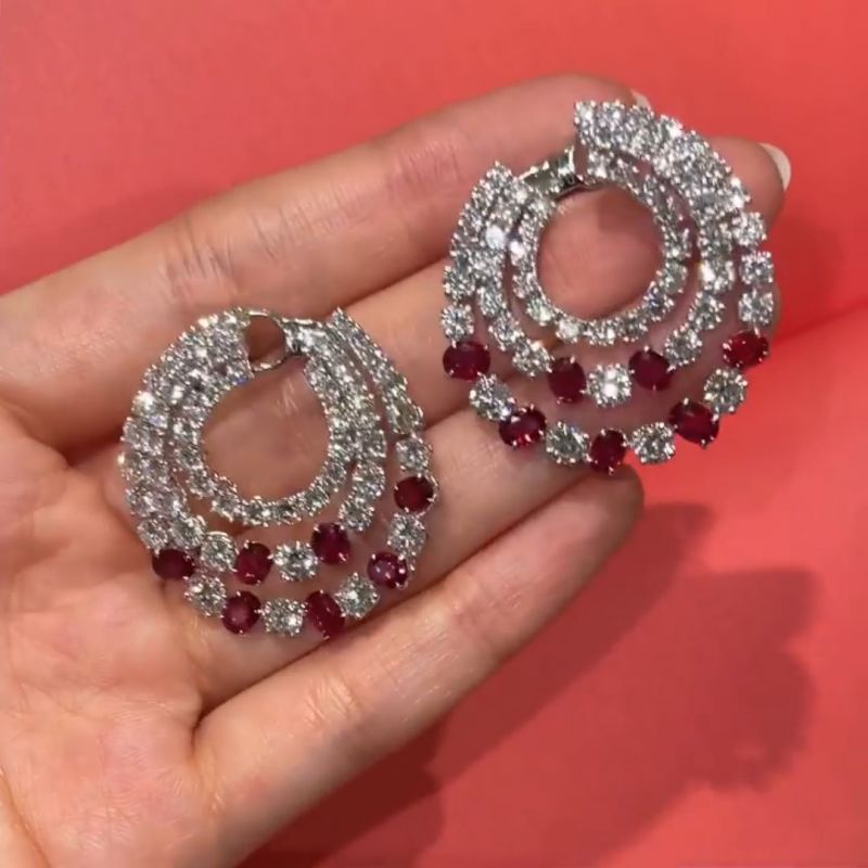 Swirl Round&Oval Cut Ruby Sapphire Hoop Earrings