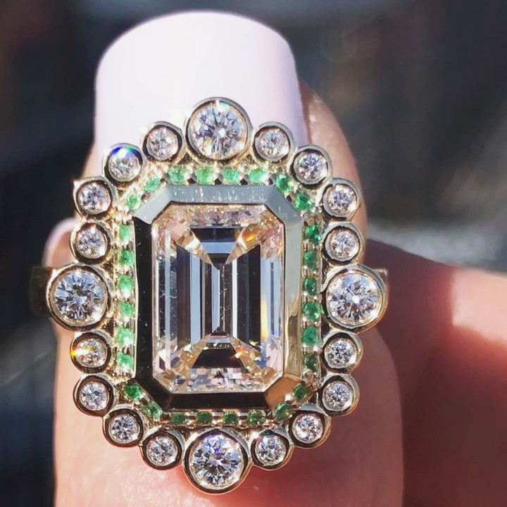 3.2ct Emerald Cut White&Green Sapphire Engagement Ring