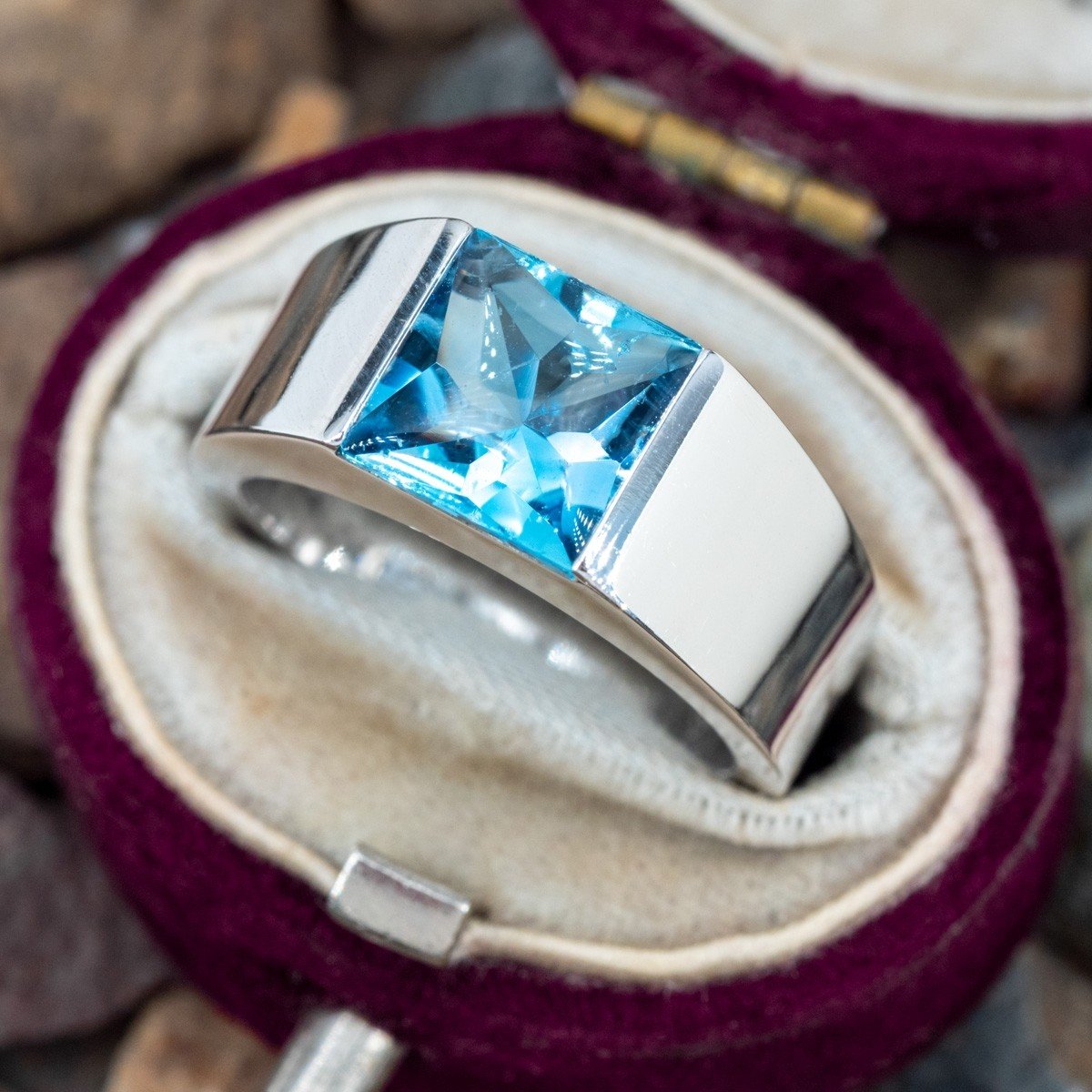 5ct Princess Cut Aquamarine Sapphire Men's Engagement Ring
