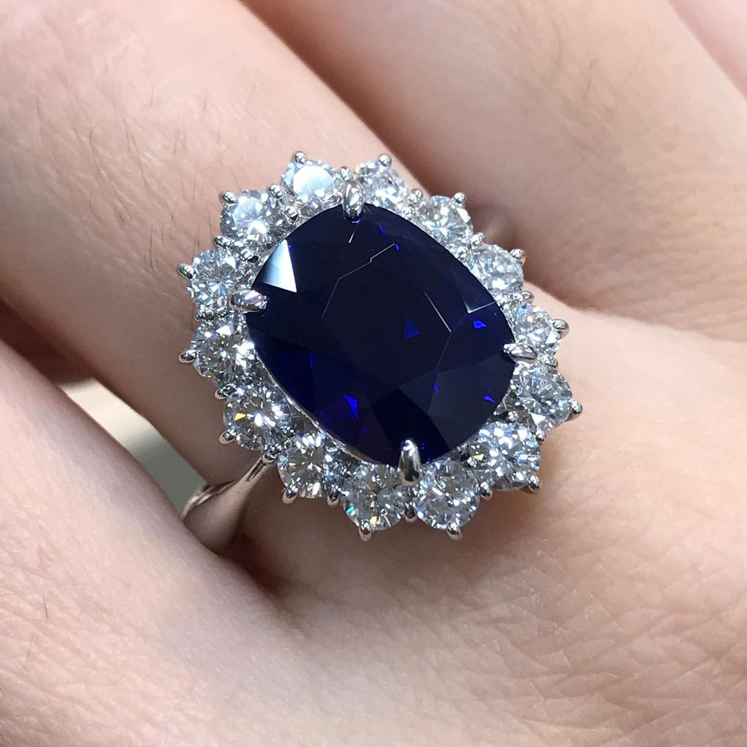 6ct  Halo Cushion Cut Blue Sapphire Engagement Ring
