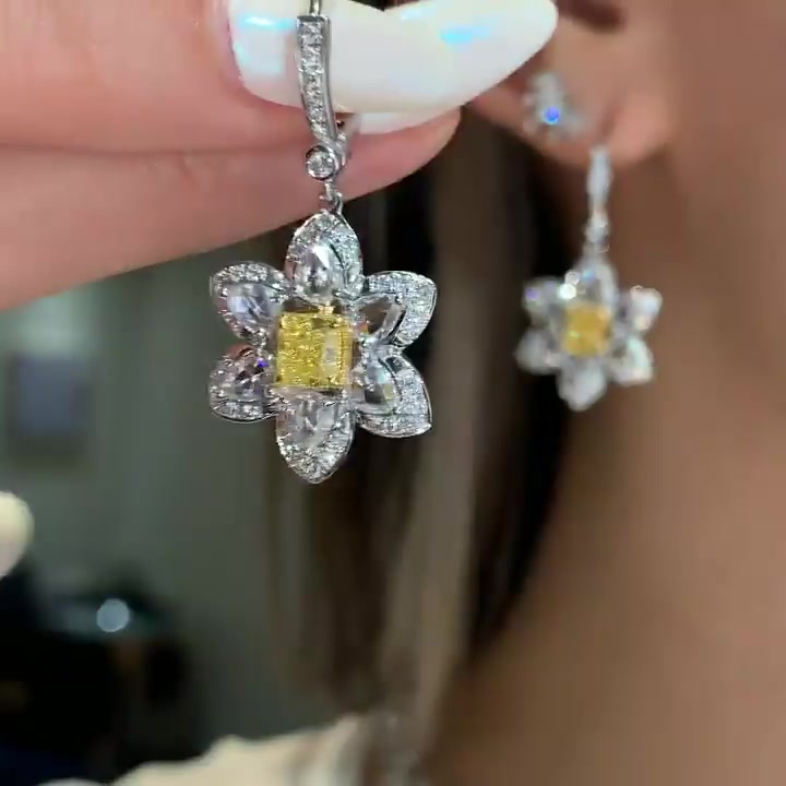 Radiant&Pear Cut Yellow Flower Style Sapphire Drop Earrings