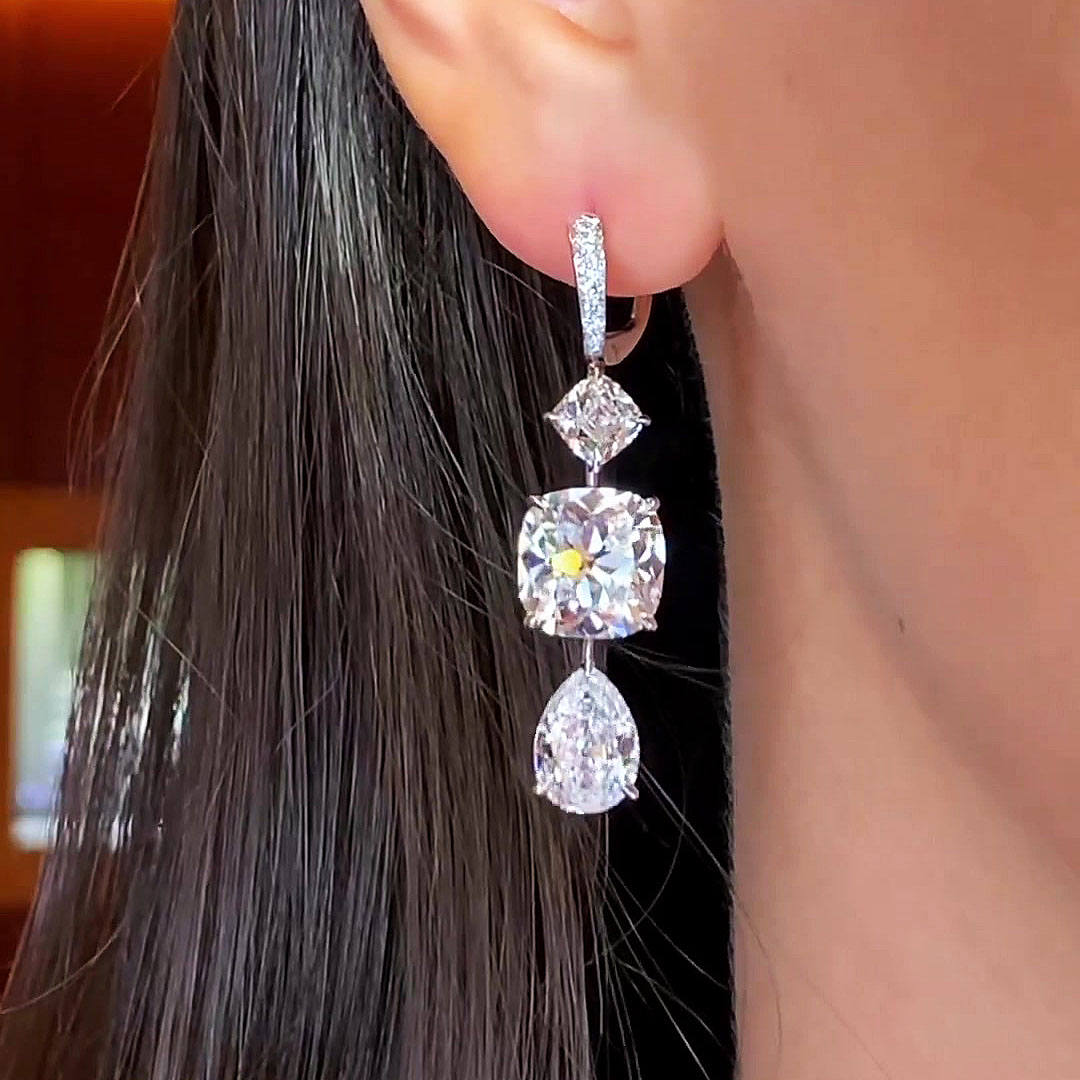 Cushion&Pear Cut White Sapphire Drop Earrings