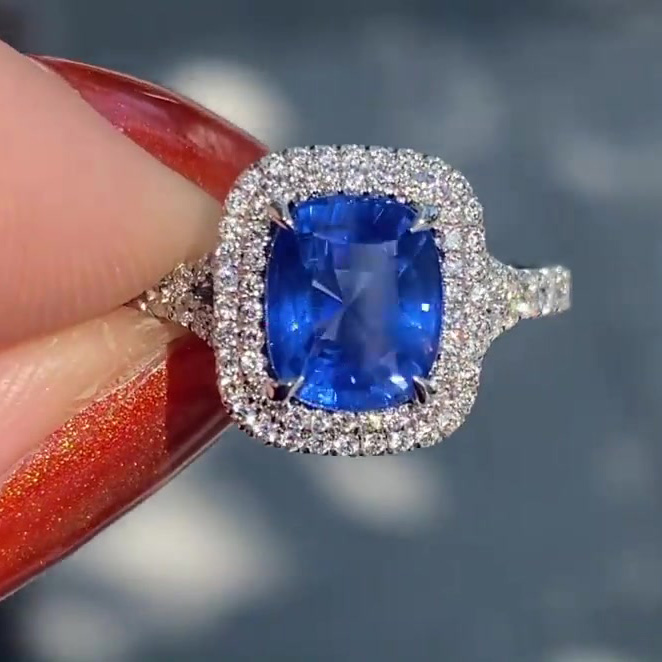 5ct Split Shank Double Halo Cushion Cut Blue Sapphire Ring