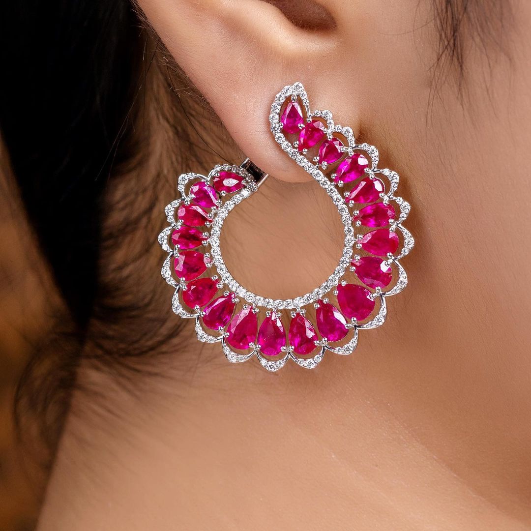 Pear Cut Ruby &White Sapphire Hoop Earrings