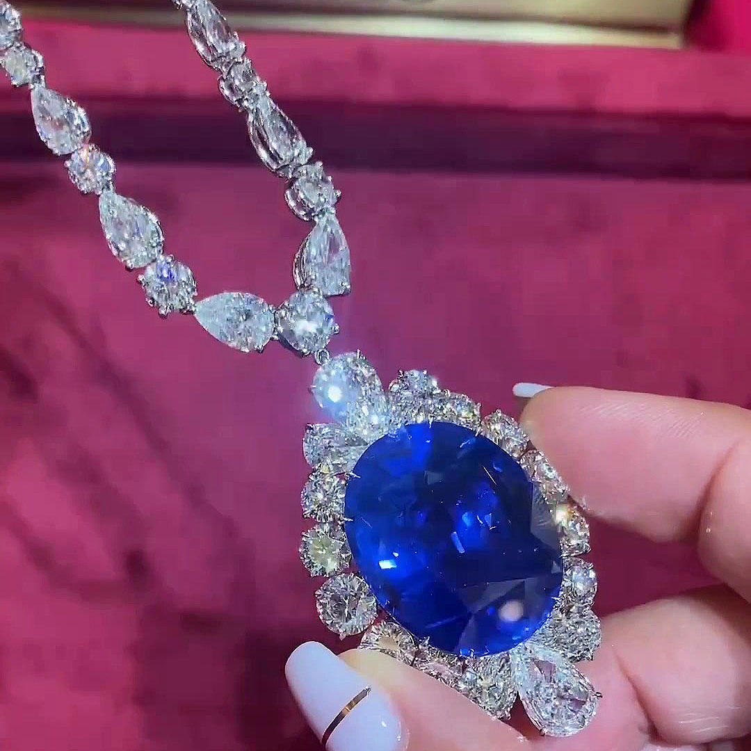 Oval Cut Blue Sapphire Pendant Necklace